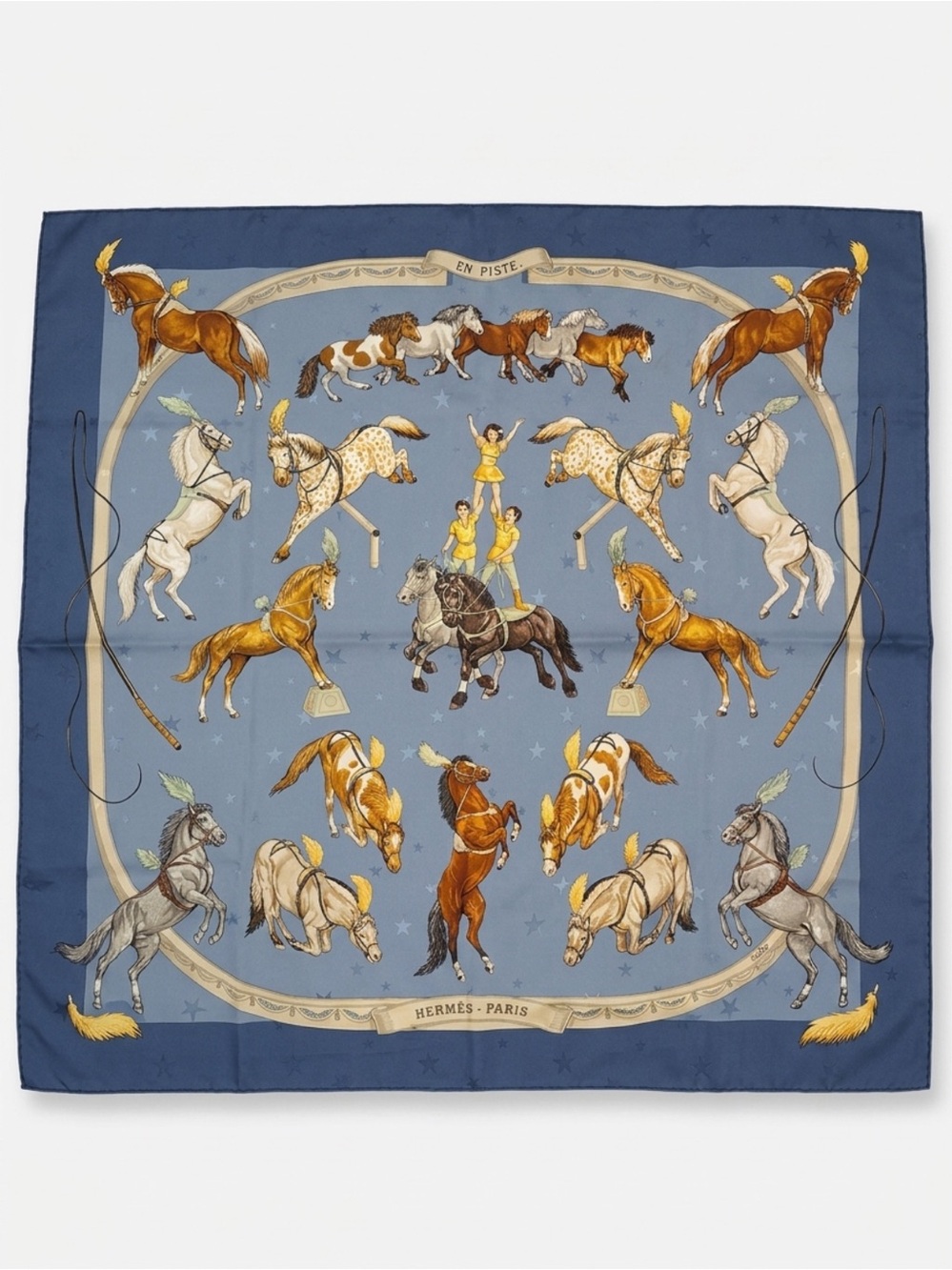 Hermès Paris Vintage Carre 90 Silk Scarf Blue Equestrian Horse Circus Made Franc